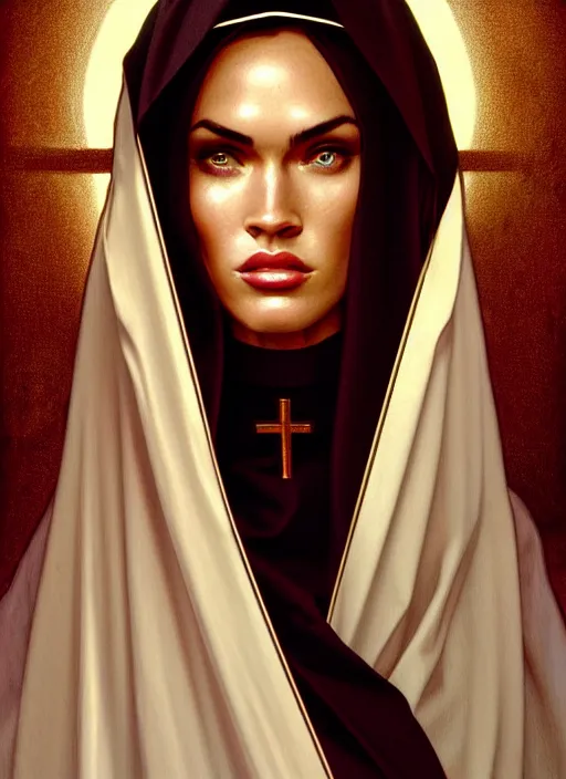 Image similar to portrait of megan fox as a nun, catholic, church, bible, christian, intrigante, headshot, highly detailed, digital painting, artstation, concept art, sharp focus, cinematic lighting, illustration, art by artgerm and greg rutkowski, alphonse mucha, cgsociety