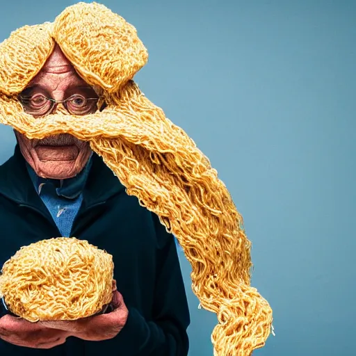 Prompt: an elderly man wearing a mask made from ramen noodles, bold natural colors, national geographic photography, masterpiece, 8 k, raw, unedited, symmetrical balance