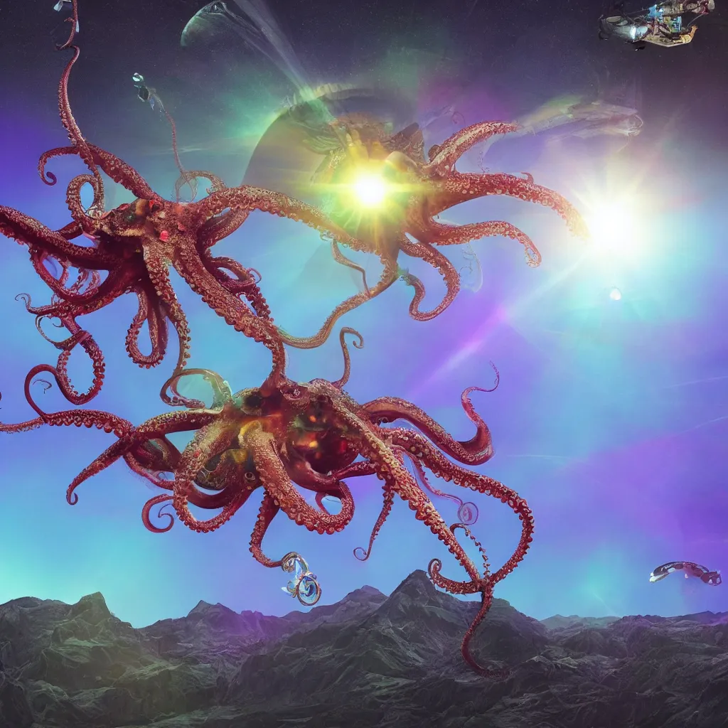 Image similar to organic octopus helicopter flying over a mountainous alien landscape inspecting floating sun crystals, refraction, reflections, chromatic aberration, light scatter, ray tracing, dramatic sci-fi movie still