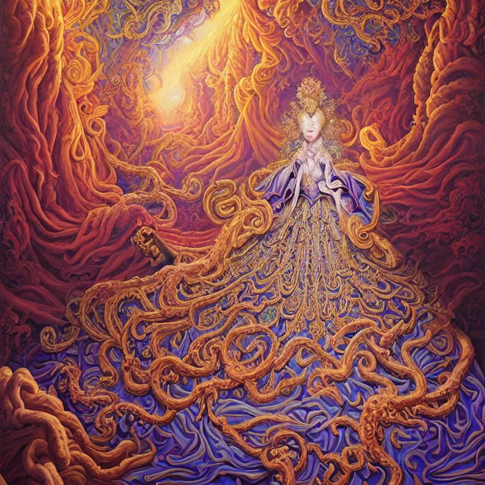 Image similar to beautiful oil painting, full length portrait of dauphinois in baroque coronation robes 1701, Dan Mumford, Dan Mumford, Alex grey, hyacinthe rigaurd, highly detailed , lsd visuals, dmt fractal patterns, hallucinogen, visionary art, psychedelic art, ornate, vaporwave, baroque, Greg rutkowski