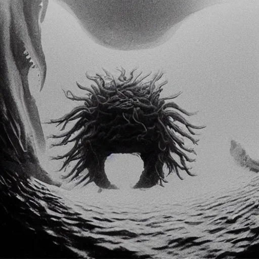 Prompt: a gigantic lovecraftian cyclope emerging from under the ocean, old 3 5 mm ilford black and white, photorealistic, anamorphic lens, highly detailed, high definition, hyperrealistic