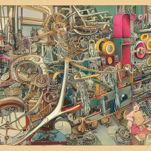 Prompt: a chaotic scene of many pairs of scissors and a crazy machine with lots of details and contraptions. the illustration is very detailed and intricate, with a lot of small elements that come together to create a cohesive whole. it uses a limited palette of colors, which helps to create a cohesive and unified look.