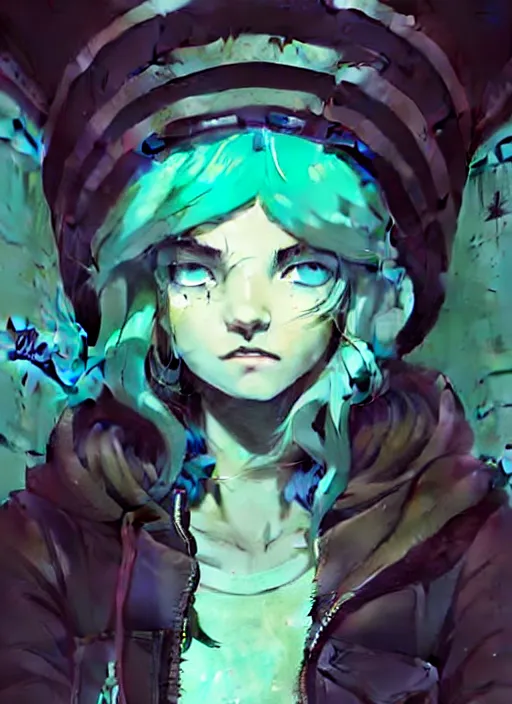 Image similar to highly detailed portrait of a sewer punk lady student, blue eyes, hoodie, cloudy curly white hair by atey ghailan, by greg rutkowski, by greg tocchini, by james gilleard, by joe fenton, by kaethe butcher, gradient green, black, brown and cyan color scheme, grunge aesthetic!!! ( ( graffiti tag wall background ) )