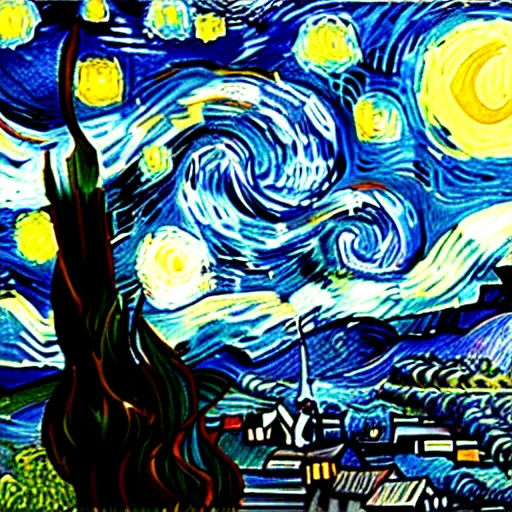 Image similar to van goh a starry night. kittens staring at the moon van goh