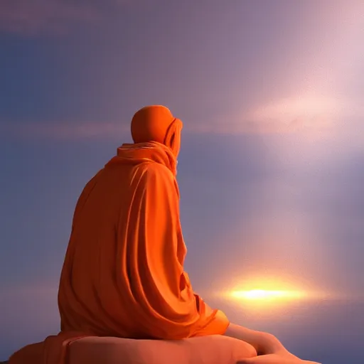 Prompt: stone statue meditation in flowing orange robes energy spiraling upwards into the void trending on artstation