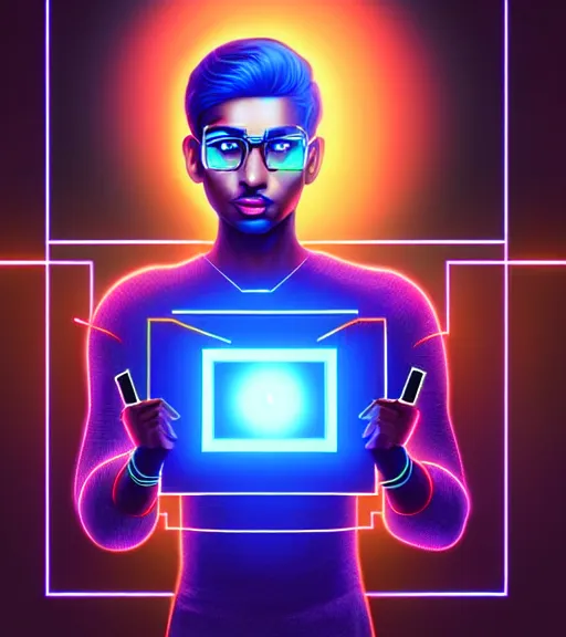 Image similar to symmetry!! indian prince of technology, solid cube of light, hard edges, product render retro - futuristic poster scifi, lasers and neon circuits, brown skin handsome indian prince, intricate, elegant, highly detailed, digital painting, artstation, concept art, smooth, sharp focus, illustration, dreamlike, art by artgerm