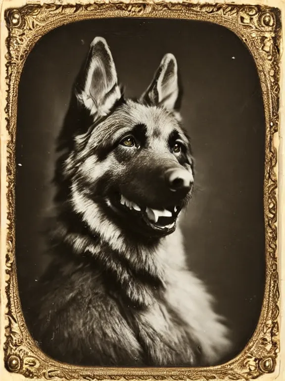 Image similar to professional studio photo portrait of anthro anthropomorphic german shepard head animal person fursona smug smiling wearing elaborate pompous royal king robes clothes degraded medium by Louis Daguerre daguerreotype tintype