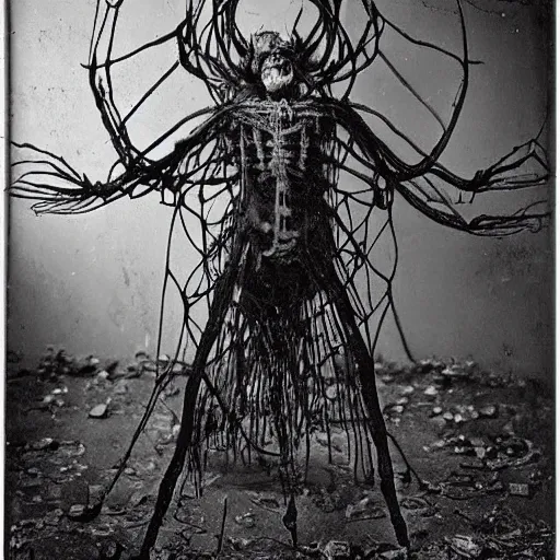 Prompt: 1860 photo of an ancient fractal spider-woman-demon on an abandoned factory on the middle of a forest, spooky , devouring the human soul, veins, arteries, intricate, golden ratio, full frame, microscopic, elegant, highly detailed, ornate, ornament, sculpture, elegant , luxury, beautifully lit, ray trace, 3d, PBR