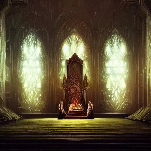 Prompt: the insides of a fantasy throne room, velvet carpet, glass panels, cinematic lighting, oil painting, by greg rutkowski, trending on artstation