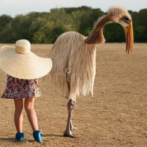 Prompt: young girl, blond hair with straw hat, riding an ostrich, studio photography