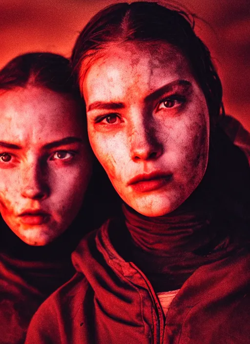 Image similar to cinestill 5 0 d photographic portrait of two loving female androids wearing rugged black techwear on a desolate plain with a red sky, extreme closeup, cyberpunk style, dust storm, 8 k, hd, high resolution, 3 5 mm, f / 3 2, ultra realistic faces, ex machina