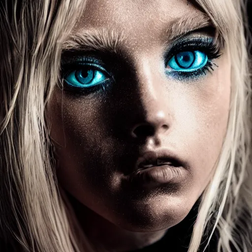 Image similar to A gorgeous blonde, grungy, glowing eyes, modelsociety, radiant skin, huge anime eyes, bright on black, dramatic, cinematic, studio lighting, perfect face, intricate, Sony a7R IV, symmetric balance, polarizing filter, Photolab, Lightroom, 4K, Dolby Vision, Photography Award