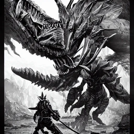 Prompt: sci - fi monster hunter, hyperdetailed, bw art by shinya tsukamoto