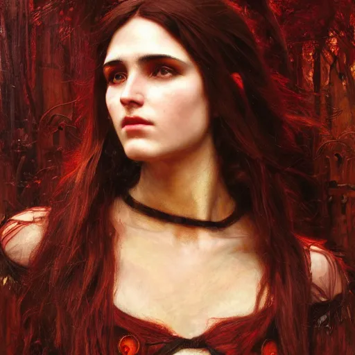 Prompt: fire witch intricate portrait by john william waterhouse and Edwin Longsden Long and Theodore Ralli and Nasreddine Dinet, oil on canvas. Cinematic, hyper realism, dramatic lighting, high detail 8k