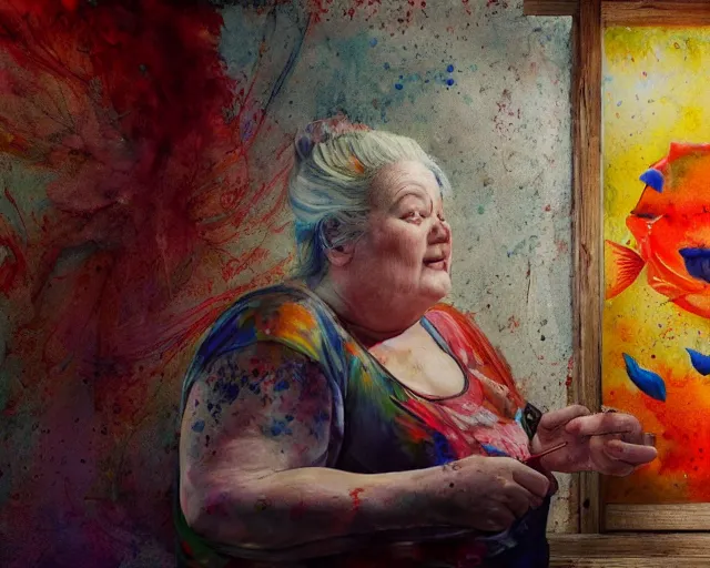 Prompt: an innocent and beautiful scene in hyper realistic style, watercolor and pen oily drawing on wood, of a fat old lady painting a huge colorful fish on the wall, lighting from the barred window. shadows. 4 k. wide angle. wild mood. red mouth, blue eyes. deep focus, lovely scene. ambient occlusion render. unreal engine.