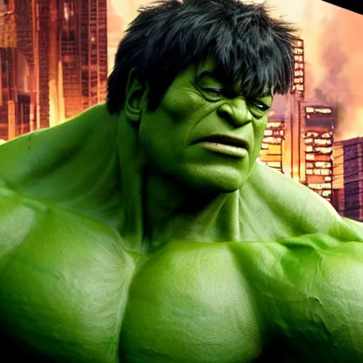 Image similar to the hulk hanging out with harry potter, realistic,