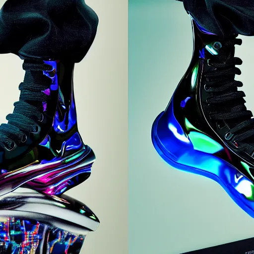 Image similar to photo of futuristic balenciaga and vetements sneakers by felipe pantone and giger and cronenberg, ultra rendered extreme realism and detail, 8 k, pbr, surreal, colorful, direct lighting,