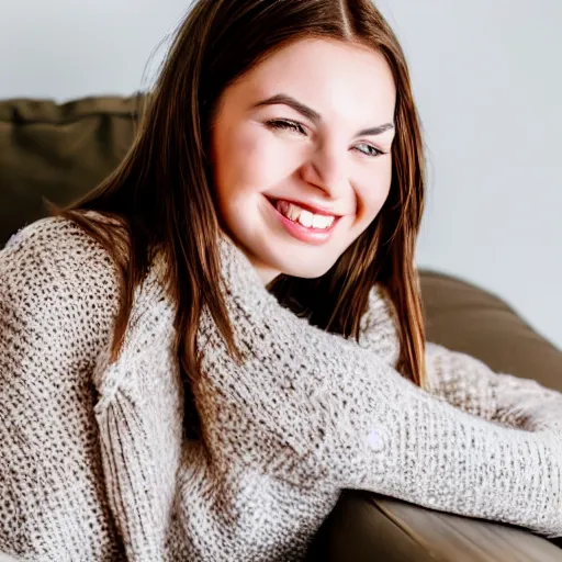 Prompt: Photo of a cute young woman smiling, long shiny bronze brown hair, full round face, green eyes, medium skin tone, light cute freckles, smiling softly, wearing casual clothing, relaxing on a modern couch, interior lighting, cozy living room background, medium shot, mid-shot, soft focus, professional photography, Portra 400