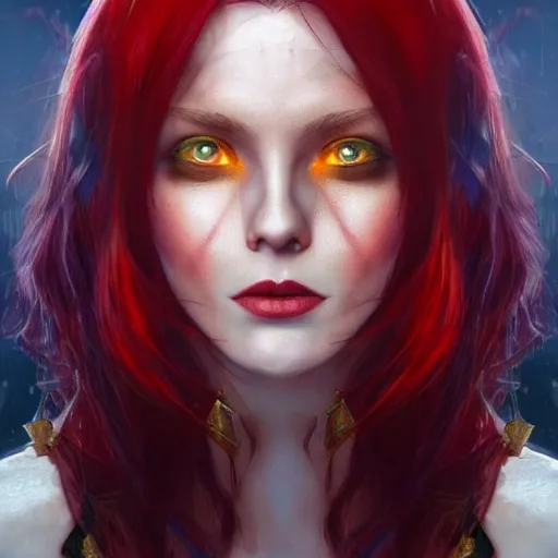 Image similar to redhead vampire sorceress, perfect face viewed in profile, bright glowing blue and silver eyes, gold shirt, cinematic, floating ash, stunning, highly detailed, artstation, smooth, hard focus, concept art, art by artgerm and greg rutkowski and alphonse mucha, volumetric lighting, octane render, 4 k resolution, trending on artstation, masterpiece