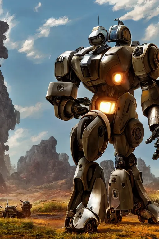 Image similar to mechwarrior 5 : mercenaries mech megaman transformer robot boss tank engine game octane render, 4 k, hd 2 0 2 2 3 d cgi rtx hdr style chrome reflexion glow fanart, global illumination ray tracing hdr fanart arstation by ian pesty by jesper ejsing pixar and disney unreal zbrush central hardmesh