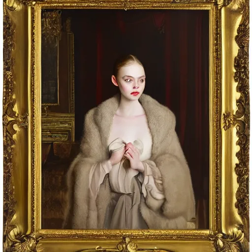 Prompt: Elle Fanning in a fur coat, religious masterpiece portrait, oil on canvas, golden hour, in the world of Andrew Wyeth, artstation, by J. C. Leyendecker and Peter Paul Rubens,