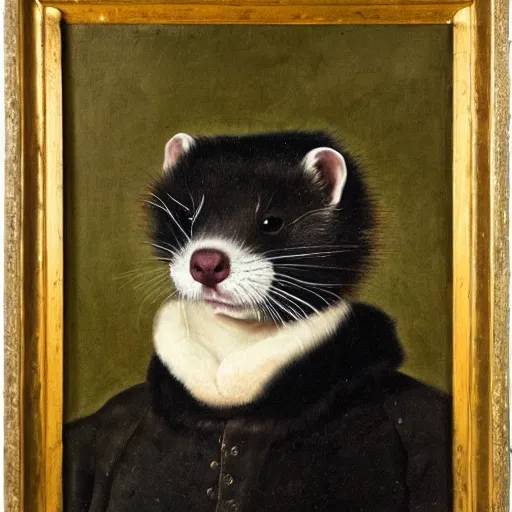 Prompt: Portrait of a Ferret with dark fur in a general outfit , painted by Jan Willem Pieneman, Courageous, Bold, painting