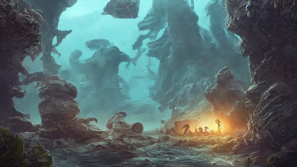 Prompt: Astronauts and some mythical animals are under the sea, they are swimming away from the giant leviathan that is behind hunting them, this is an extravagant planet with wacky wildlife, the background is full of ancient ruins, the ambient is dark with a terrifying atmosphere, by Jordan Grimmer digital art, trending on Artstation,