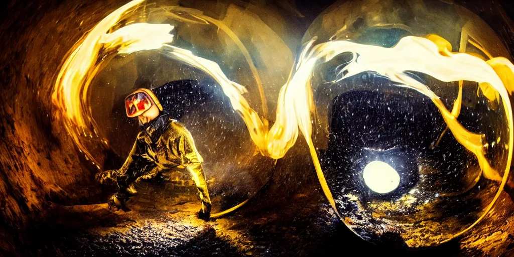 Image similar to underwater fisheye slow motion with trail fire effect of futuristic break dancer wearing long dark cloak and golden helmet emitting magic dust and fire, long exposure shot , enigmatic, at night underwater in the middle of the arctic with red light A letter, paddle of water, steam, fog, water splashes, rim lights, glossy reflections, water droplets on lens, octane render, Volumetric dynamic lighting, stunning cover magazine, high details, hajime sorayama