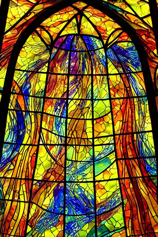 Prompt: glass work of walter white in stained glass, scene set in a church, biblical, mythological, by harvey littleton, by vera liskova, by lino tagliapietra, by dale chihuly, beautiful composition, 8 5 mm, f. 1 4