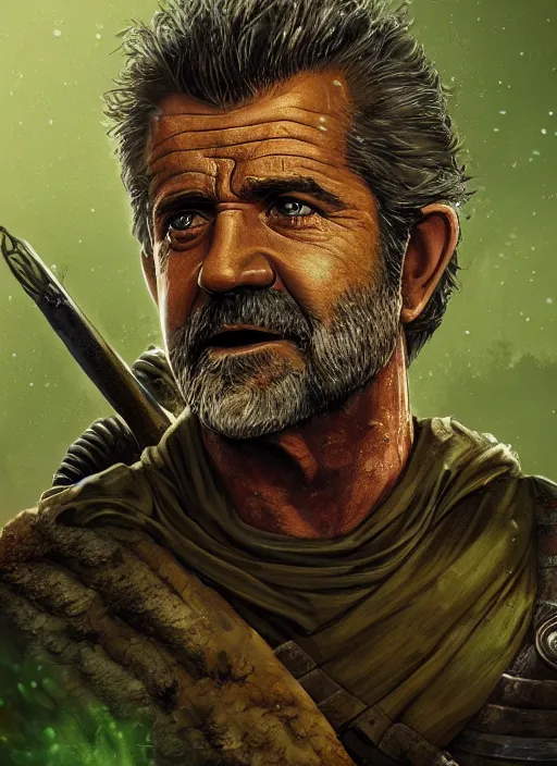 Prompt: A fantasy comic book style portrait painting of Mel Gibson as a survivalist warrior in a a post apocalyptic landscape in green mist, unreal 5, DAZ, hyperrealistic, octane render, RPG portrait, ambient light, dynamic lighting