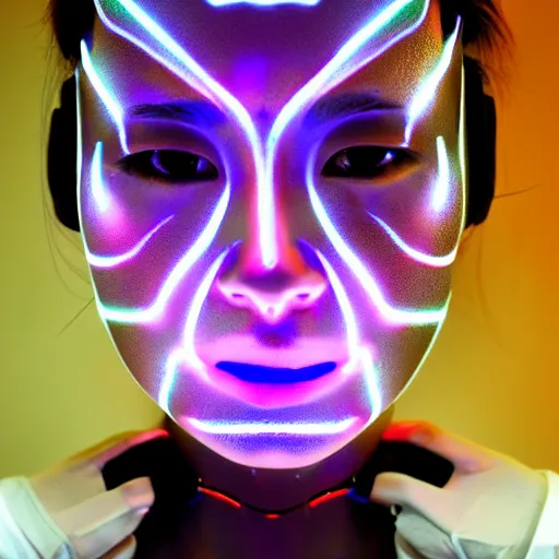 Image similar to beautiful japanese cyborg with led projection skin, neon lighting, portrait photo