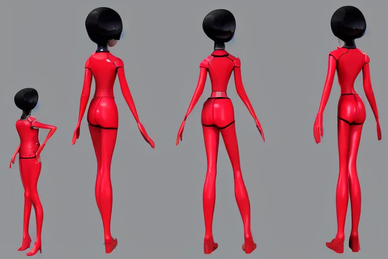 Prompt: 3d model sheet tpose turnaround of a cute sensual female sci fi character with black hair and red retrofuturistic space outfit with stylized pixar mom extreme proportions