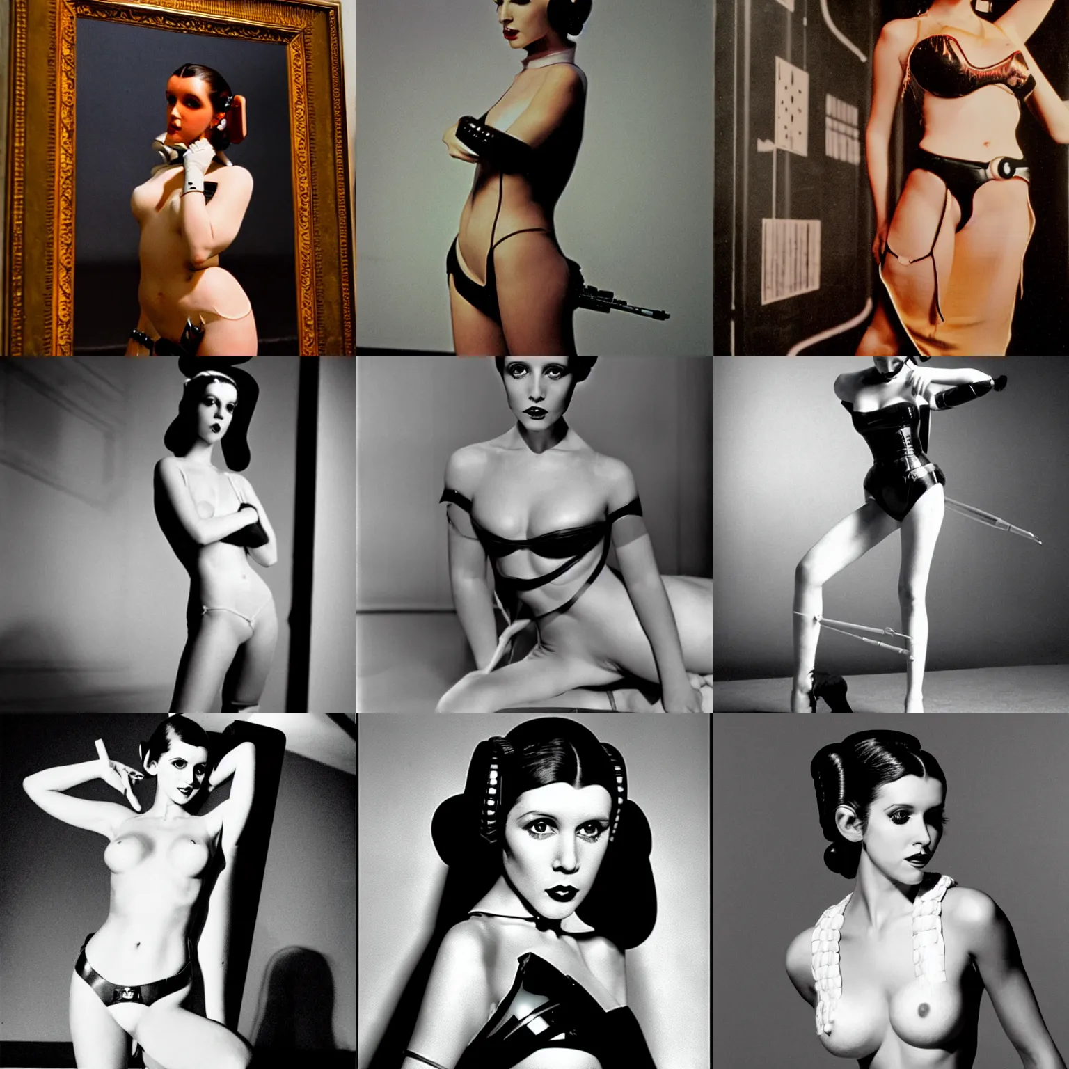 Prompt: a model pinup photograph of princess leia by hartmut newton