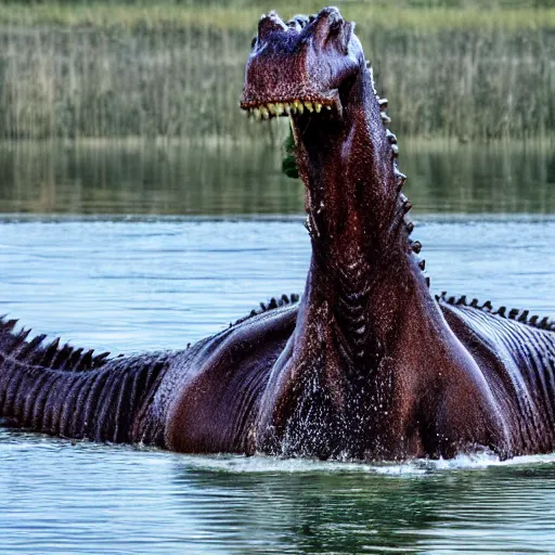 Image similar to a photo realistic lochness monster feasting on a cow