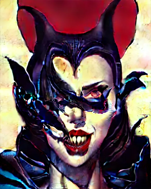 Image similar to rafael albuquerque comic art, art nouveau, peter mohrbacher, artgerm, pretty scarlett johansson vampire sharp vampire teeth open mouth, symmetrical eyes, black leather jacket, jeans, long blonde hair, full body