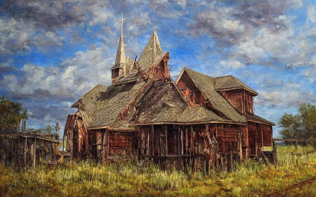 Image similar to an old wooden church rotting away in the bayou, realistic, oil painting, dynamic composition, ultra detailed