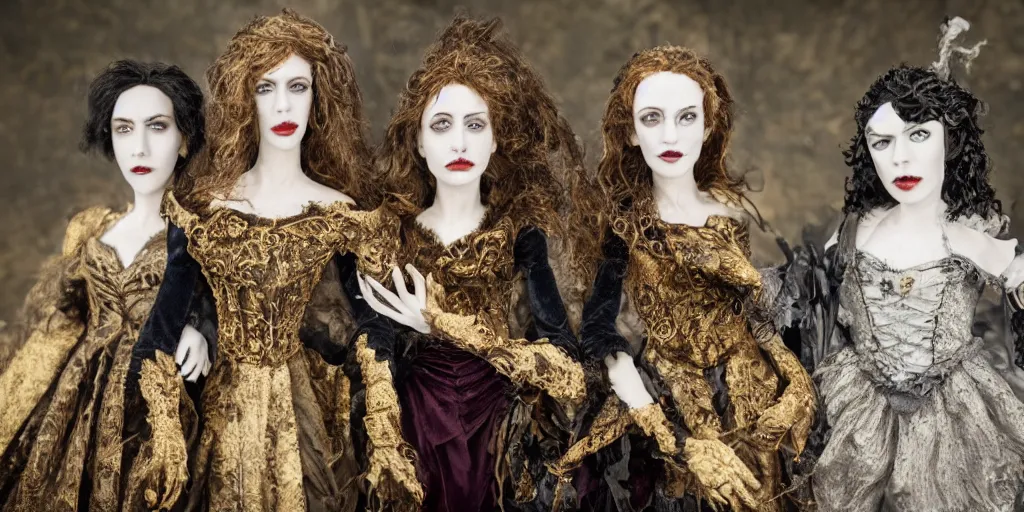 Prompt: photo taken of an epic intricate, ultra detailed, super realistic stop motion puppet of the majestic gracious regal aristocratic brunette female vampire twins and gothic filmset created by weta workshop and tim burton, menacing, wide angle, full body shots, photorealistic, sharp focus, gloomy, extremely cold blueish colour temperature, 3 5 mm, f 1. 4, golden ratio