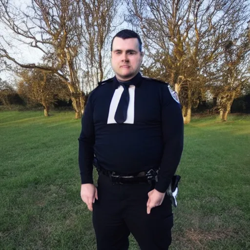 Prompt: clean - shaven chubby 3 4 year old caucasian man from uk wearing black police sweater and navy necktie and black trousers and black boots and police helmet. he is standing in a field.