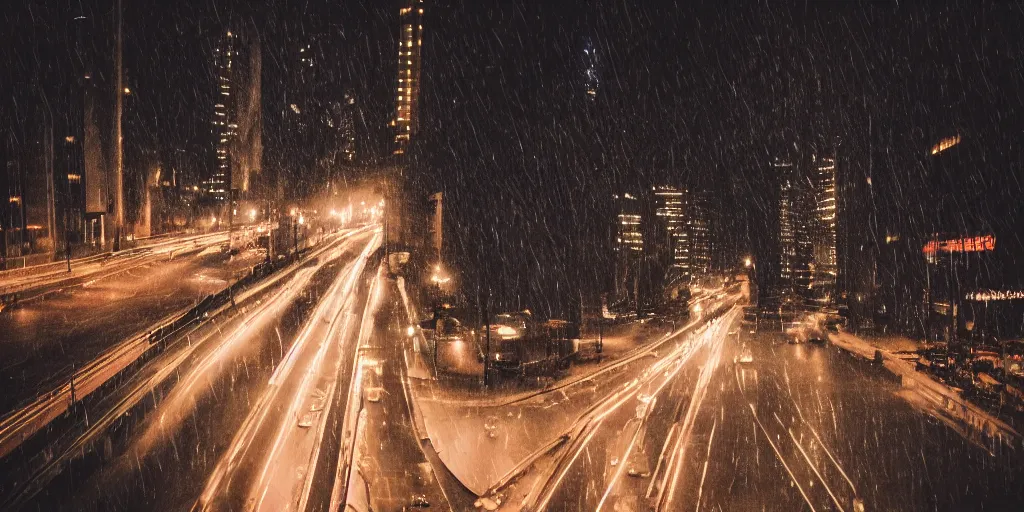 Prompt: a city street at night, raining, photograph, cars on the road, cyberpunk, sharp focus, intricate detail, drone shot, quick shutter speed