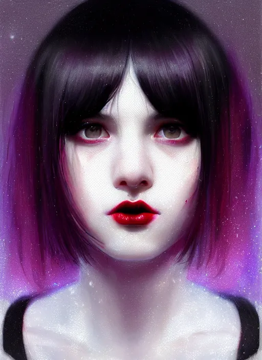 Image similar to portrait of teenage girl, red irises, red eyes, black hair, white bangs, purple lipstick, white bangs, bangs, black hair and white bangs, intricate, elegant, glowing lights, highly detailed, digital painting, artstation, concept art, smooth, sharp focus, illustration, art by wlop, mars ravelo and greg rutkowski