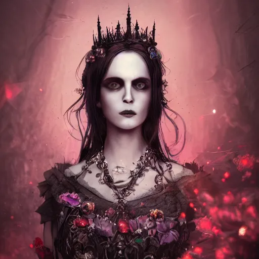 Image similar to A portrait of a Gothic goddess of floral jewels in an empty land, dark and mysterious, lively atmospheric, cinematic, 8k, 4k, ultra detail, ultra-realistic, rendered by Artstation