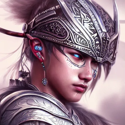 Prompt: beautiful extremely detailed intricate concept art depicting a warrior by wlop. shining jewelry.