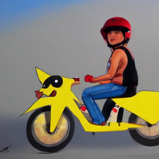 Image similar to pikachu riding motorcycle, nestor canavarro hyperrealist art style, sharp brushstrokes