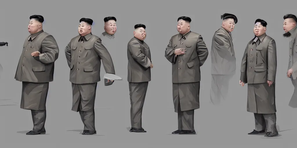 Image similar to kim jong un, character sheet, concept design, contrast, kim jung gi, greg rutkowski, zabrocki, karlkka, jayison devadas, trending on artstation, 8 k, ultra wide angle, pincushion lens effect