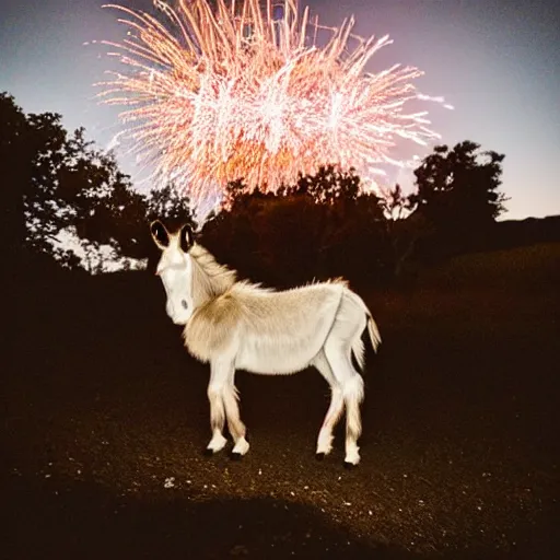 Prompt: “exploding fireworks in the night sky raining down embers and sparks and brightly burning pieces falling from the sky, a pale donkey stands in a field in the darkness. Photography. Flash photo. Cursed image.”