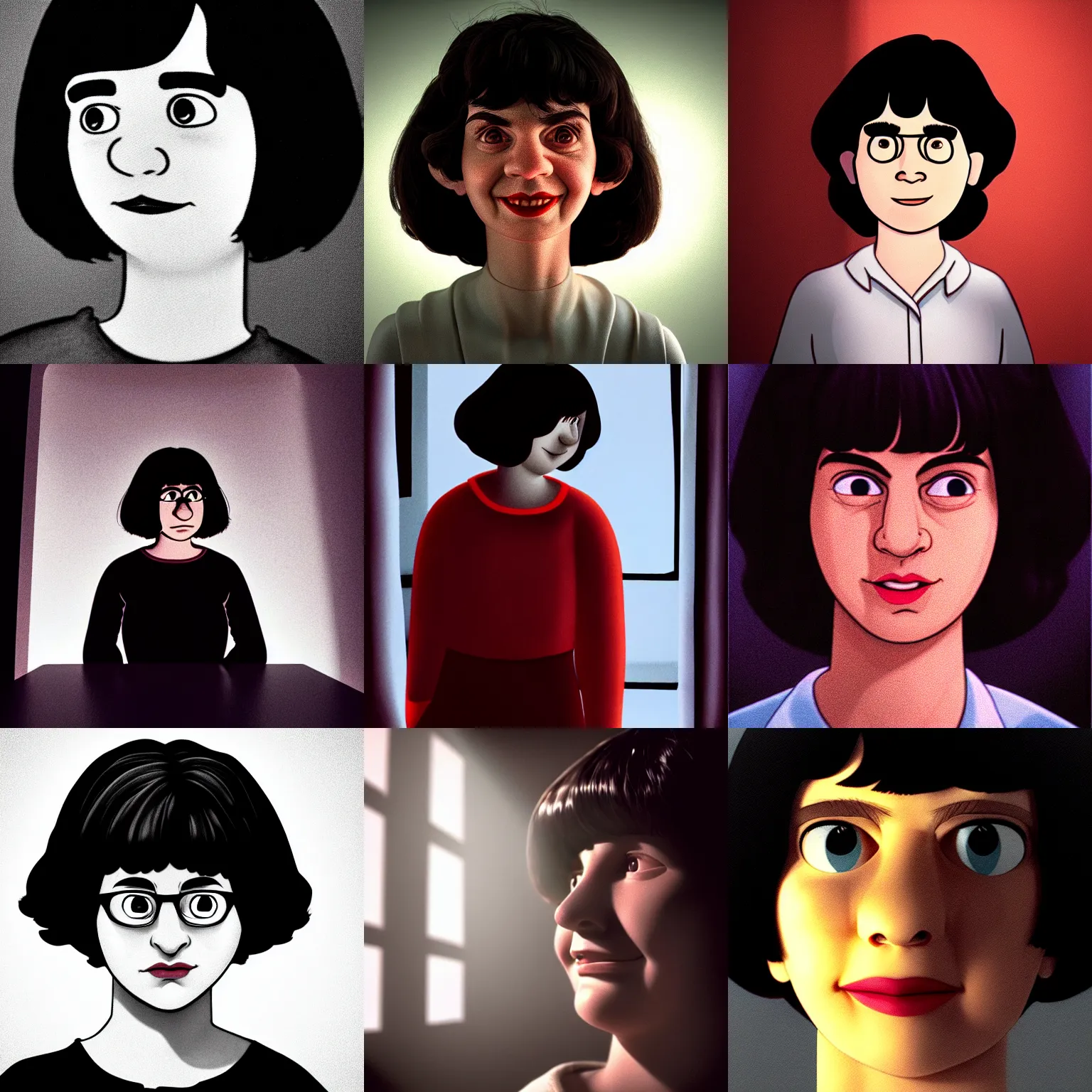 Prompt: mafalda as a real person in a dark room with a soft light on her head, photorealistic, highly detailed, cinematic atmosphere, dramatic