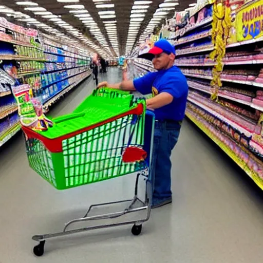 Image similar to photo of Super Mario pushing a shopping cart in Walmart