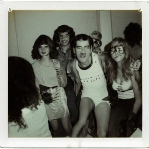 Prompt: a Polaroid photo of a 1980 party in a student apartment