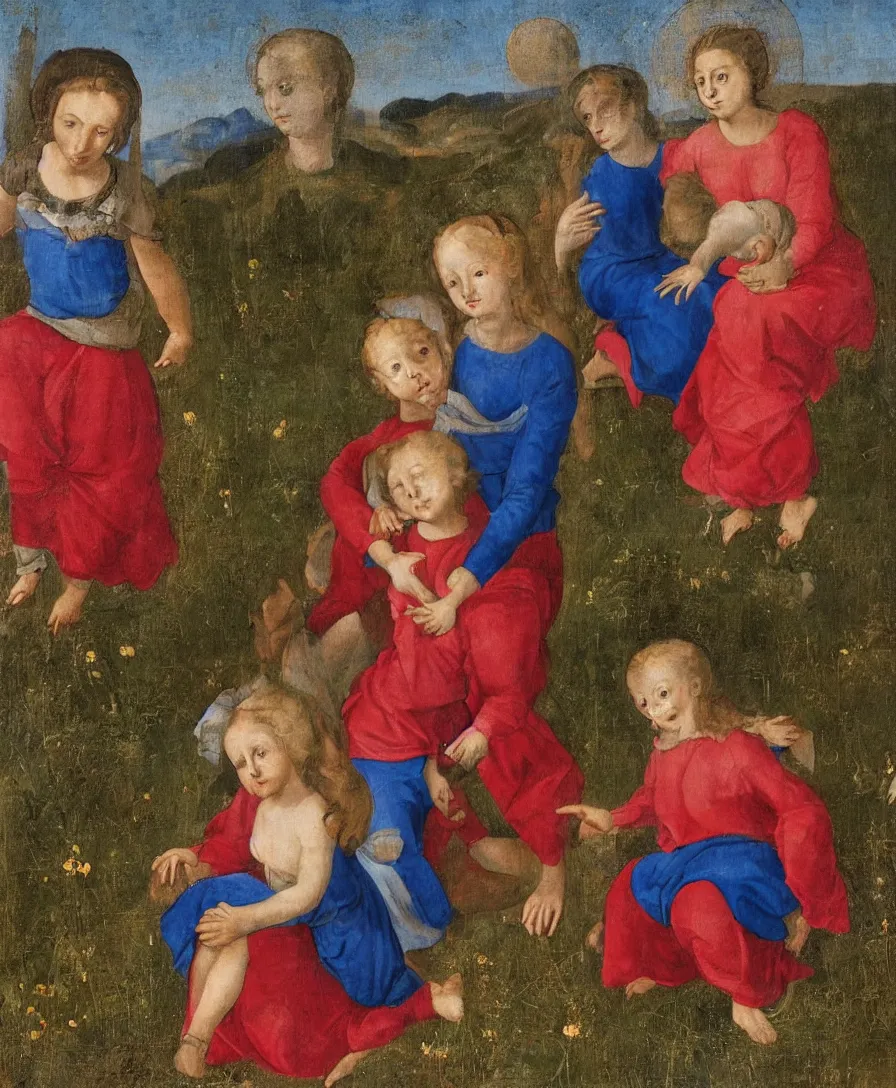 Prompt: Portrait of Madonna. In the Foreground is a Madonna with blue skirt and a red shirt and two boys playing in the style of Raffael. The boys are very small and only clothed with blue linen. They are sitting in a dried out meadow. One boy is playing with a cross. She is holding the other one back. Middleground is empty. On the horizon in the golden ratio, there is a lake with a town and mountains. Flat perspective.