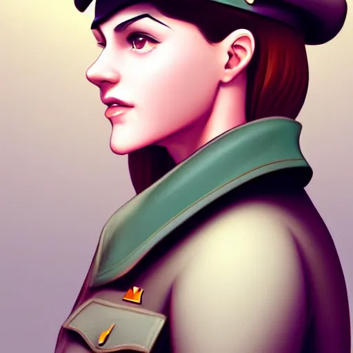 Image similar to portrait bust of young woman with long light brown hair and hazel eyes dressed in a sharp dark teal military uniform with beret, smiling, ilya kuvshinov, anime, ross tran, concept art, digital art, painting